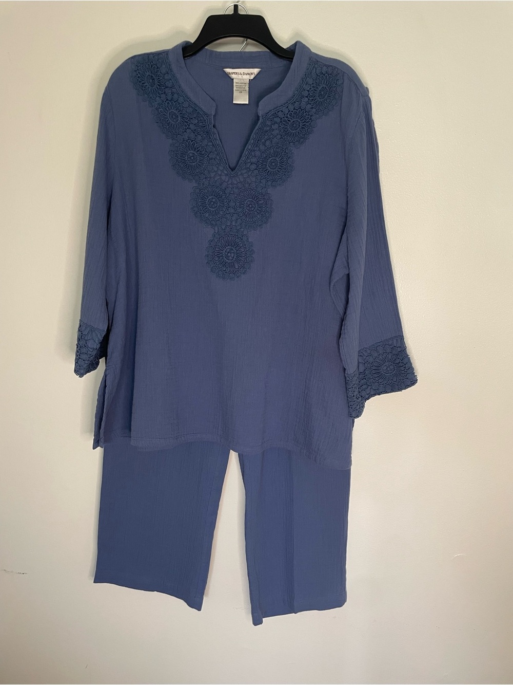 Blue Crochet-Trim Tunic and Pants Set Comfy Trip Vacation Old Money Size 2X